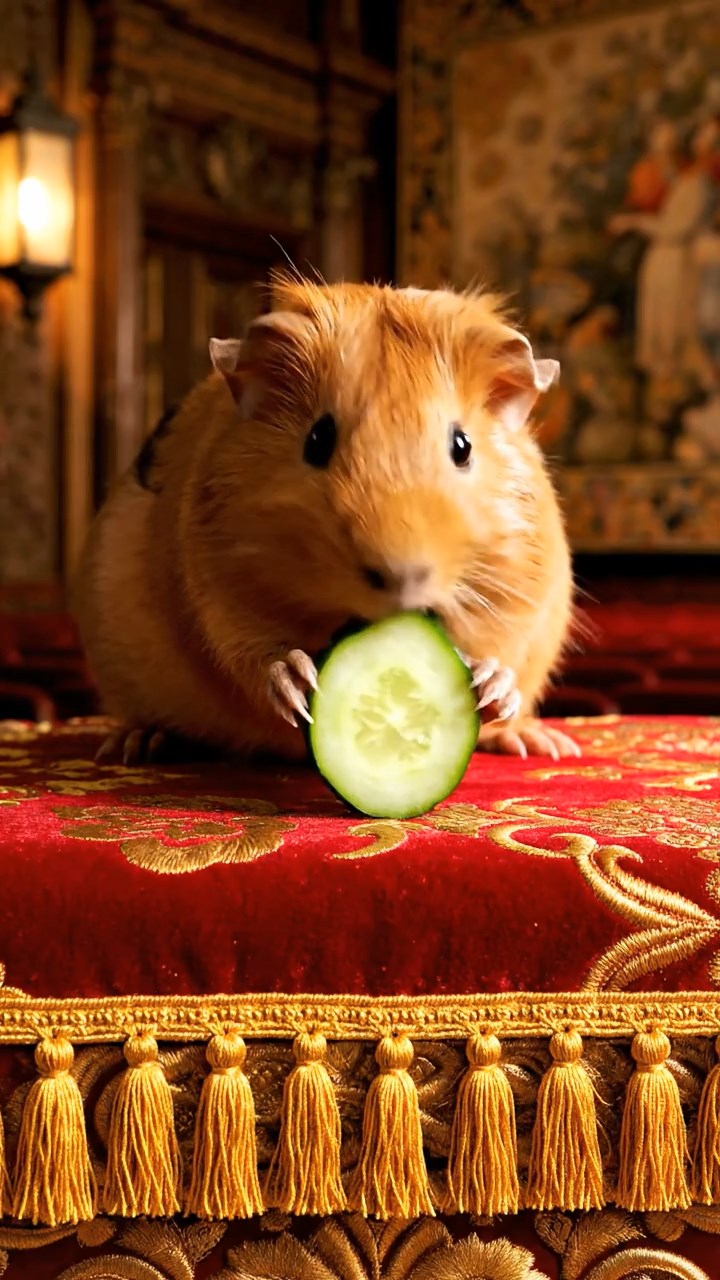 1893. Photorealistic scene of 1 smooth-haired Peruvian guinea pig with cinnamon fur, munching on cucumber rounds, on a audience chamber dais.