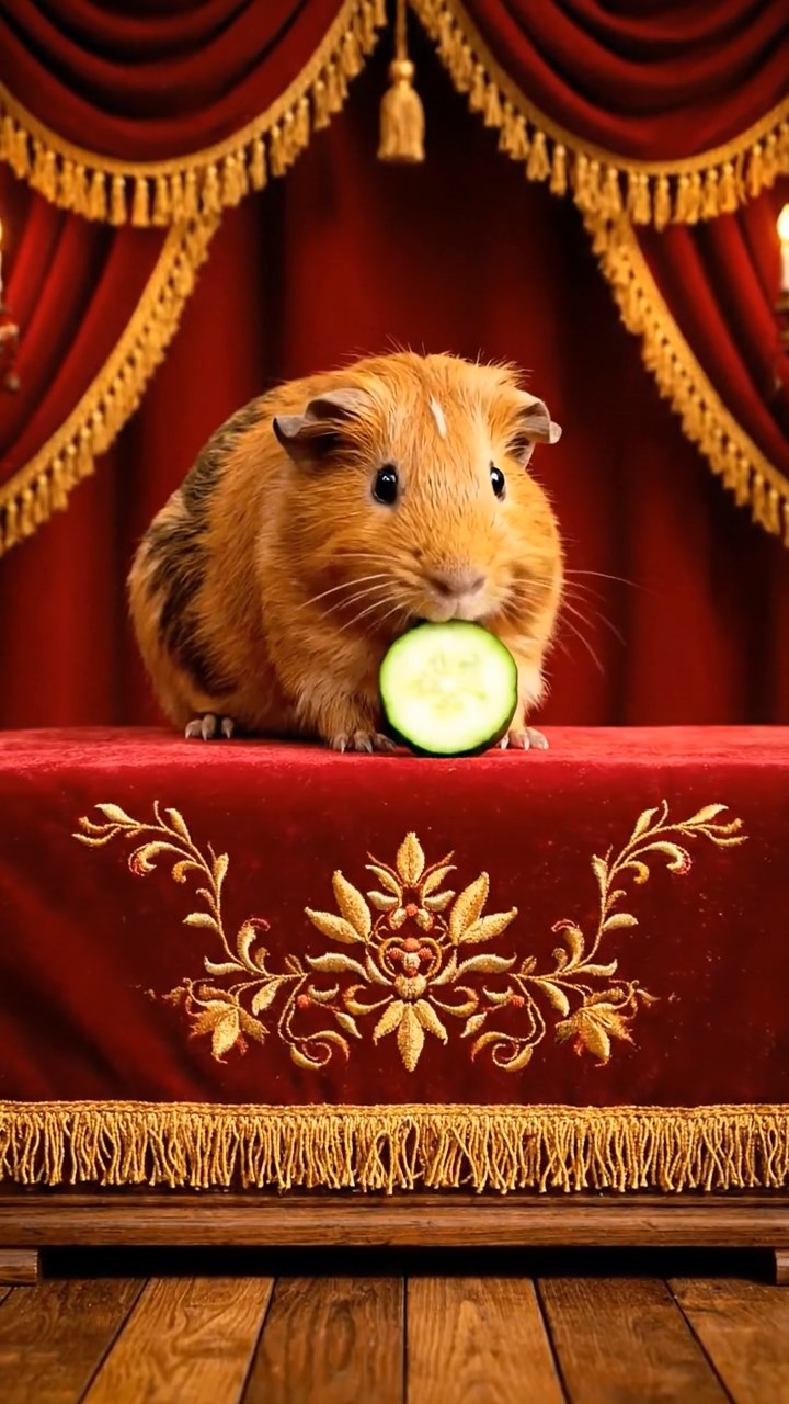 1893. Photorealistic scene of 1 smooth-haired Peruvian guinea pig with cinnamon fur, munching on cucumber rounds, on a audience chamber dais.