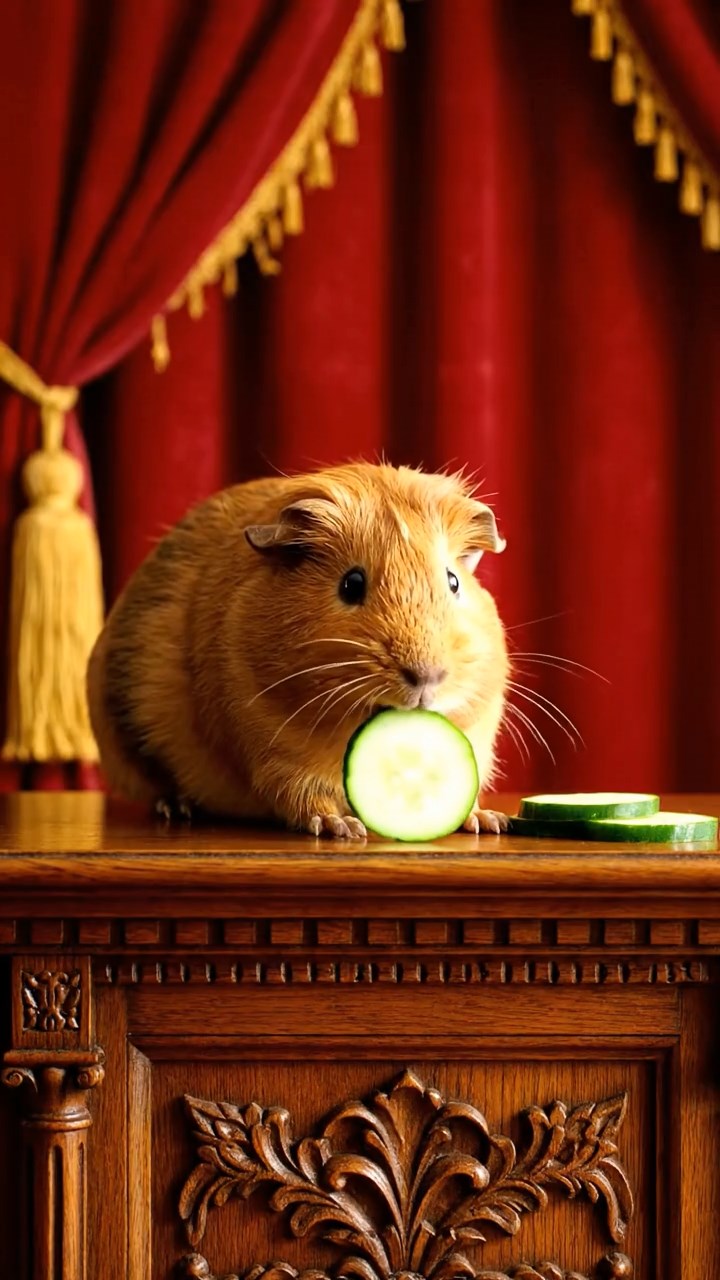 1893. Photorealistic scene of 1 smooth-haired Peruvian guinea pig with cinnamon fur, munching on cucumber rounds, on a audience chamber dais.