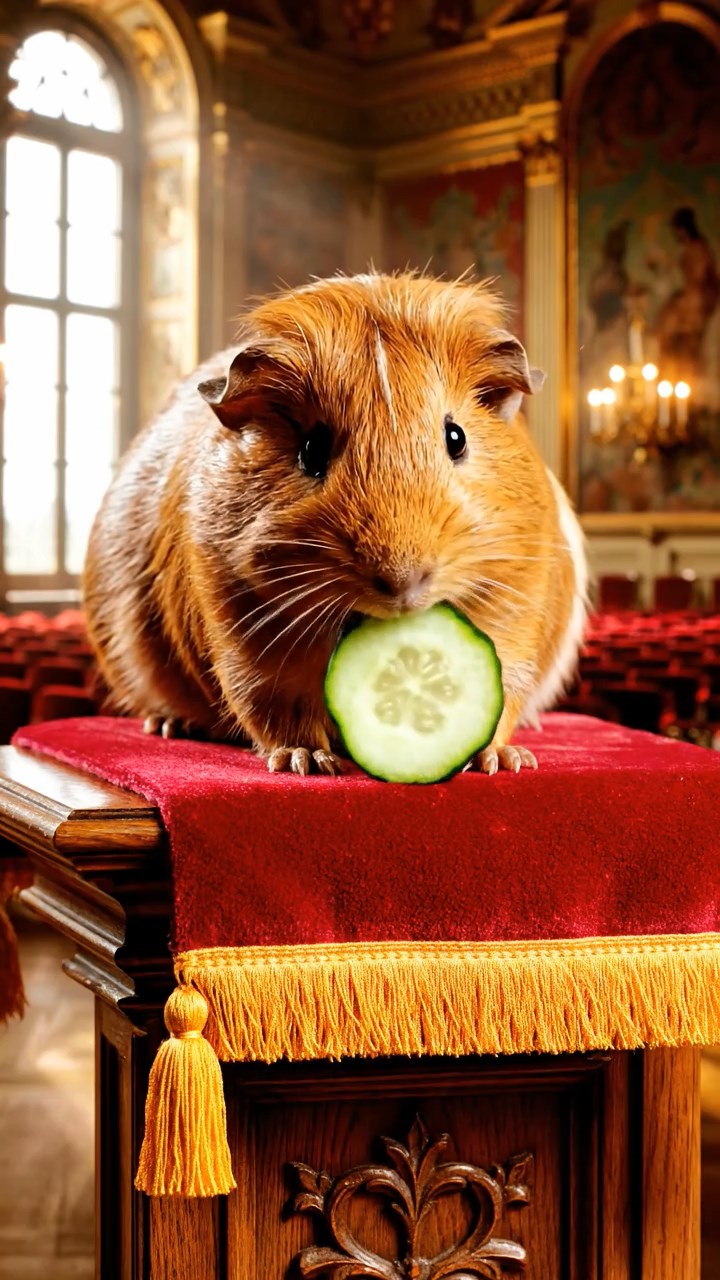 1893. Photorealistic scene of 1 smooth-haired Peruvian guinea pig with cinnamon fur, munching on cucumber rounds, on a audience chamber dais.