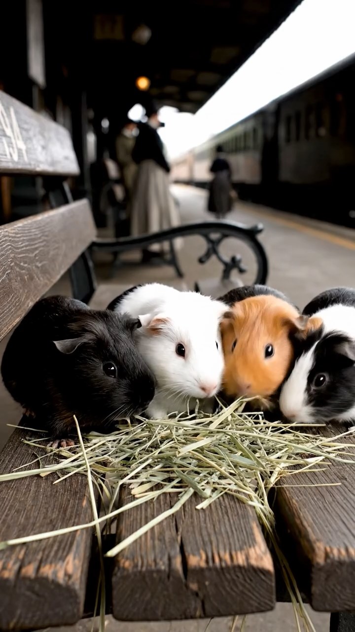 1894. Realistic depiction of 4 smooth-haired Silkie guinea pigs with sable, white, and orange fur, eating timothy hay, on a station waiting bench.