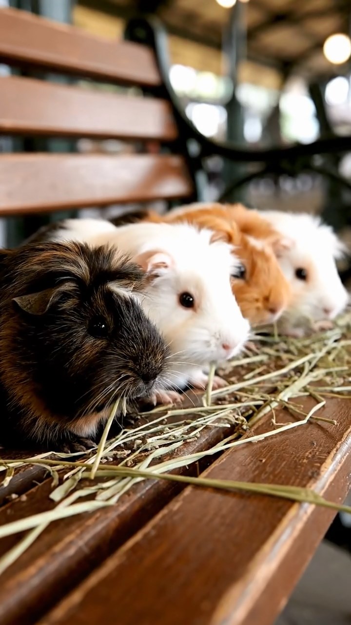 1894. Realistic depiction of 4 smooth-haired Silkie guinea pigs with sable, white, and orange fur, eating timothy hay, on a station waiting bench.