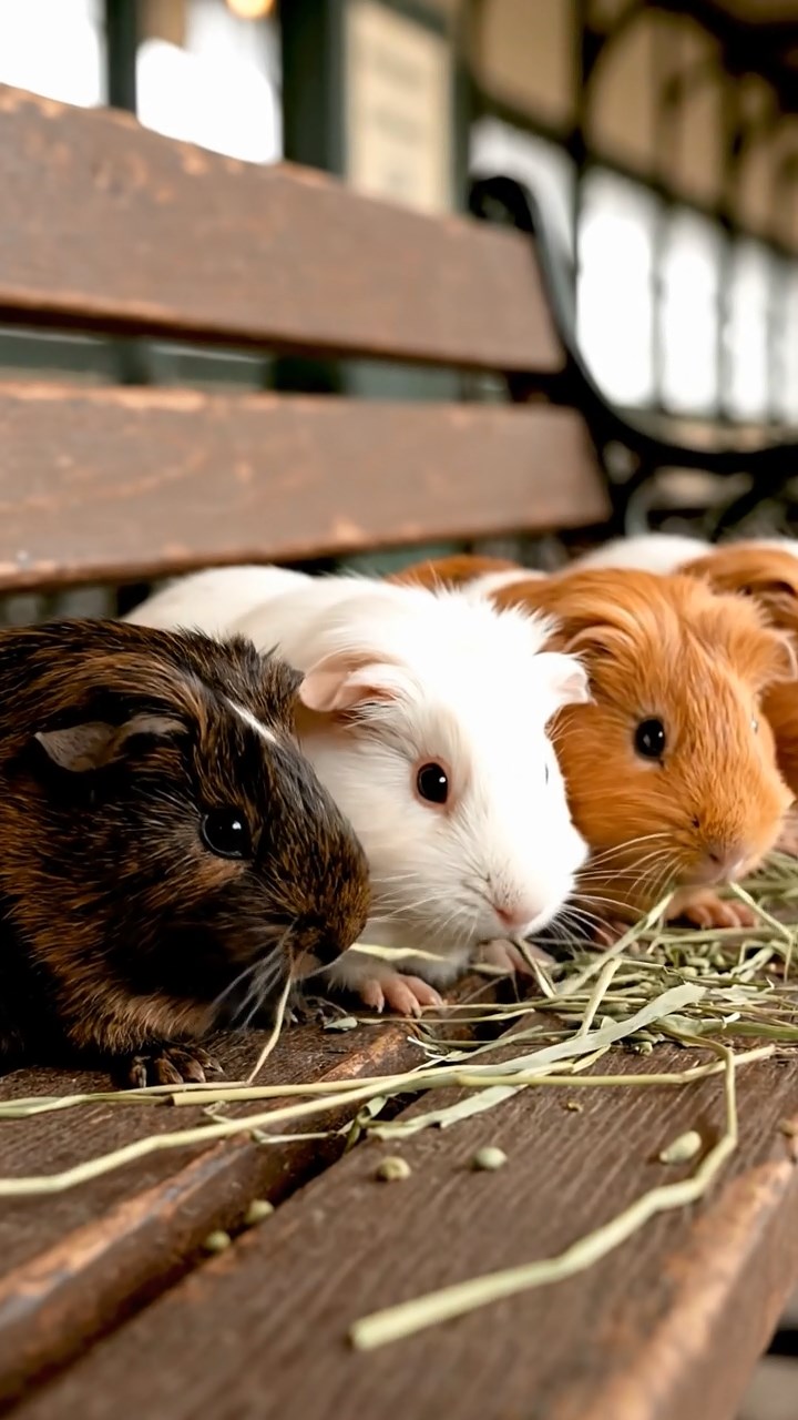 1894. Realistic depiction of 4 smooth-haired Silkie guinea pigs with sable, white, and orange fur, eating timothy hay, on a station waiting bench.