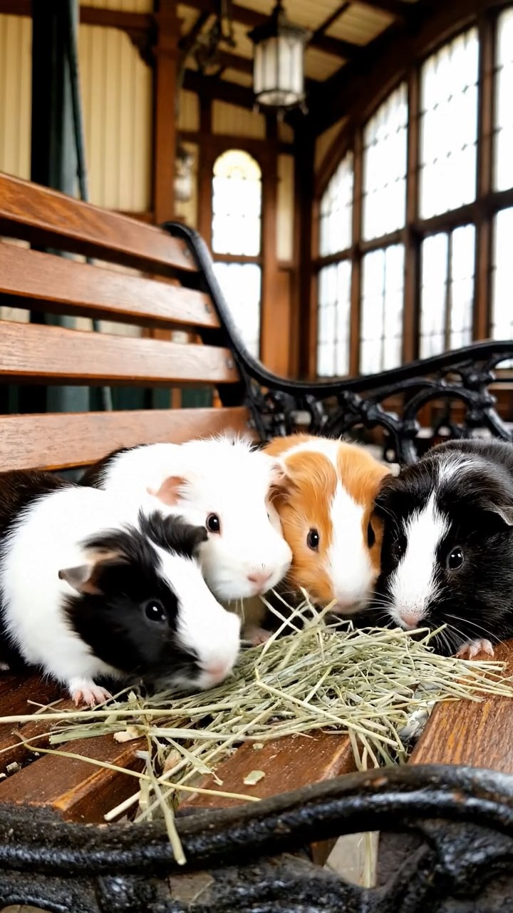 1894. Realistic depiction of 4 smooth-haired Silkie guinea pigs with sable, white, and orange fur, eating timothy hay, on a station waiting bench.