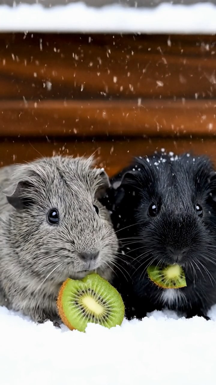 1895. Detailed photo of 2 smooth-haired Teddy guinea pigs in gray and black colors, nibbling on kiwi slices, by a tub side in snow.