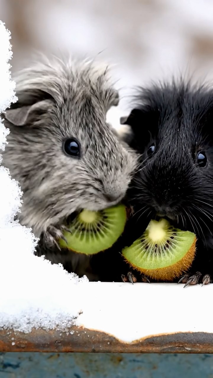 1895. Detailed photo of 2 smooth-haired Teddy guinea pigs in gray and black colors, nibbling on kiwi slices, by a tub side in snow.