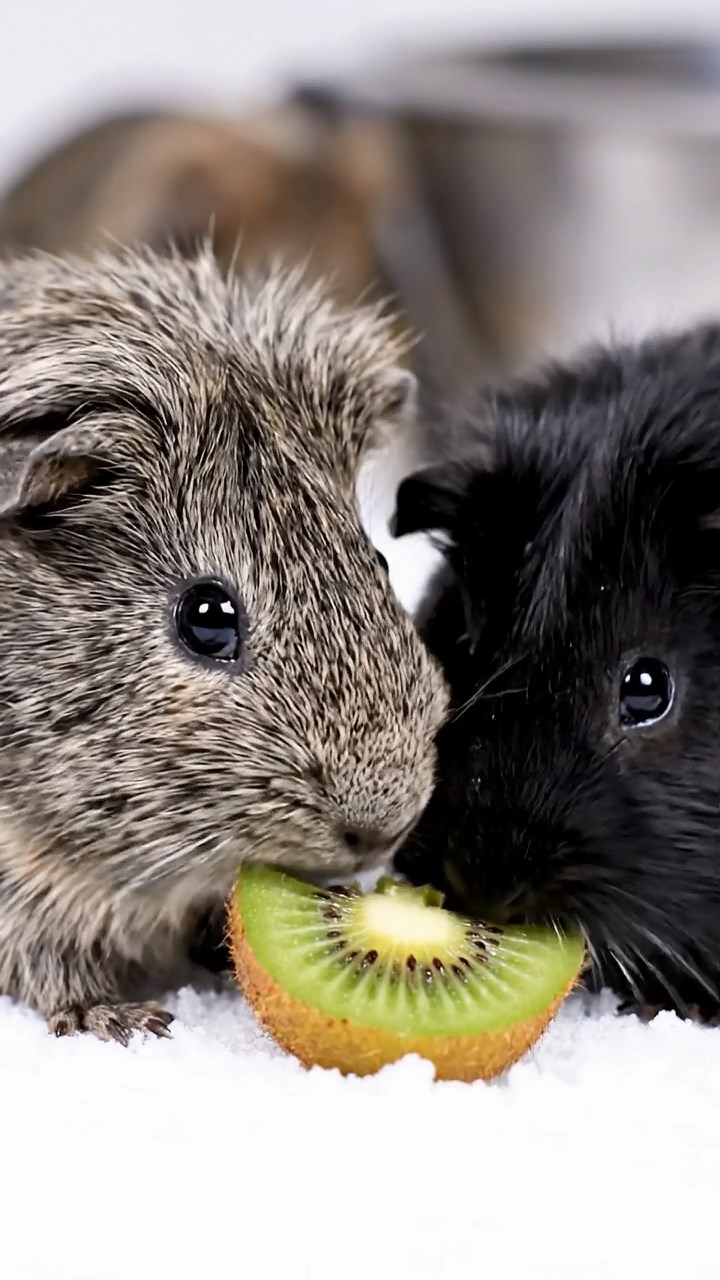 1895. Detailed photo of 2 smooth-haired Teddy guinea pigs in gray and black colors, nibbling on kiwi slices, by a tub side in snow.