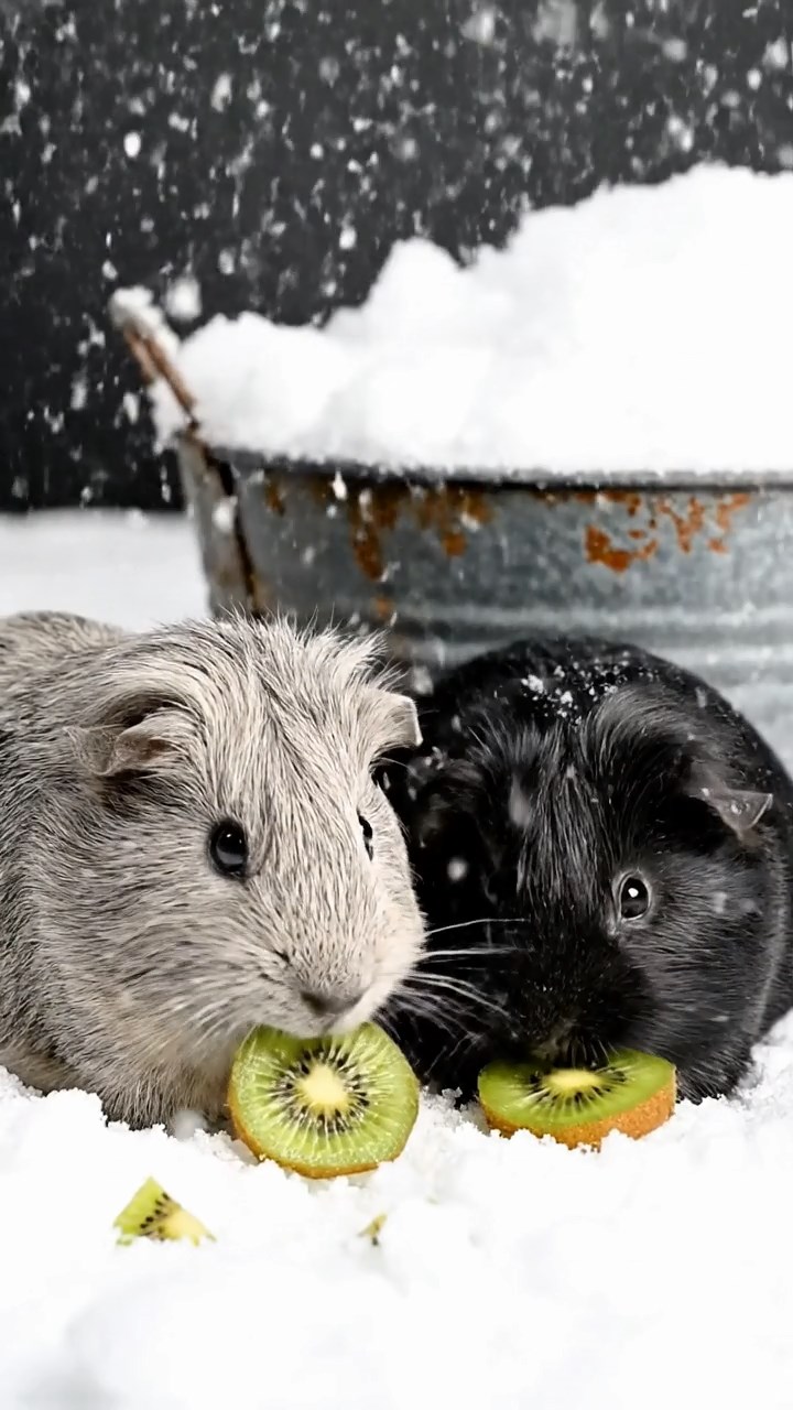 1895. Detailed photo of 2 smooth-haired Teddy guinea pigs in gray and black colors, nibbling on kiwi slices, by a tub side in snow.