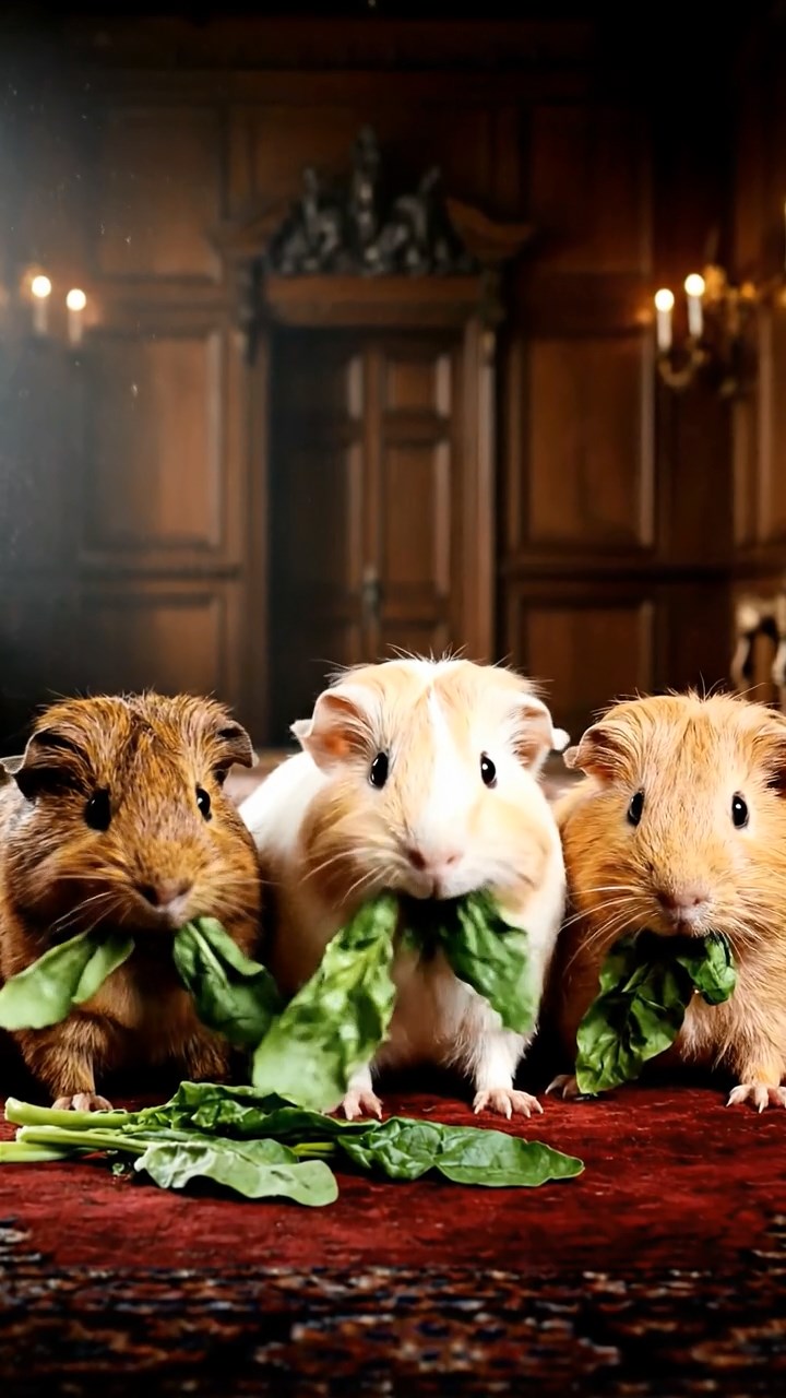 1896. Photorealistic image of 3 smooth-haired Texel guinea pigs with brown, cream, and fawn fur, chewing on spinach bunches, in a mansion dark hall.