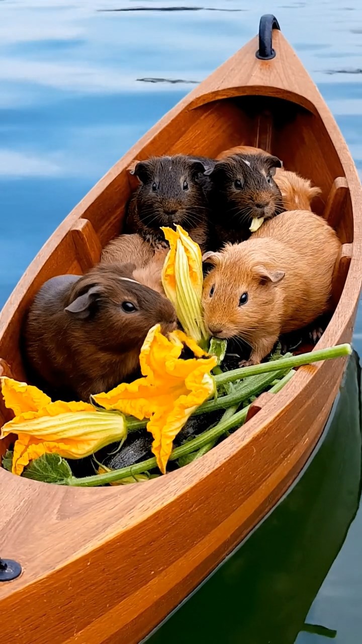 860. Realistic scene of 5 smooth-haired Californian guinea pigs with Cream, Fawn, Sable, Gray, and Cinnamon fur, sleeping in a cozy pile in a lush meadow with wildflowers and a gentle breeze, under golden sunlight, capturing a lifelike, tranquil group moment.
