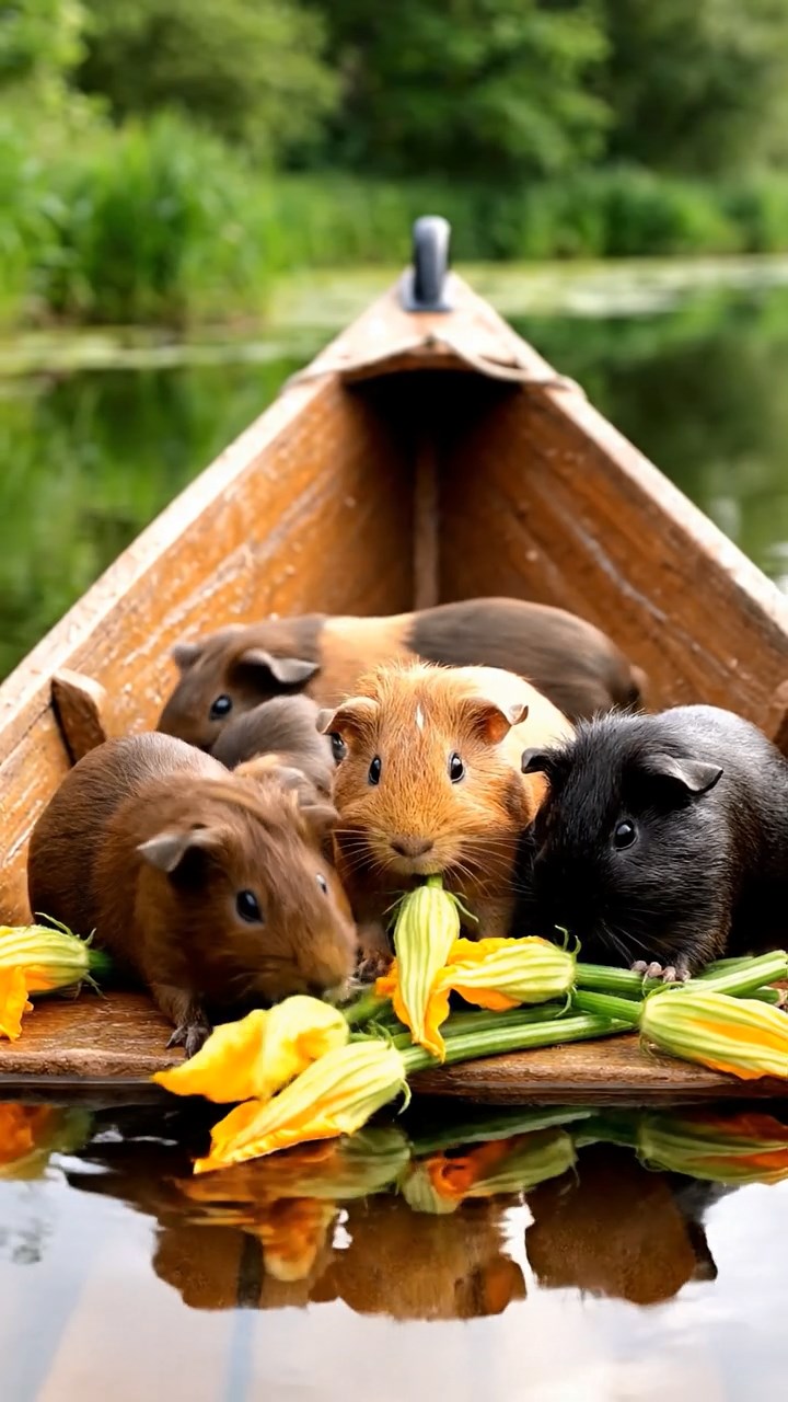 860. Realistic scene of 5 smooth-haired Californian guinea pigs with Cream, Fawn, Sable, Gray, and Cinnamon fur, sleeping in a cozy pile in a lush meadow with wildflowers and a gentle breeze, under golden sunlight, capturing a lifelike, tranquil group moment.