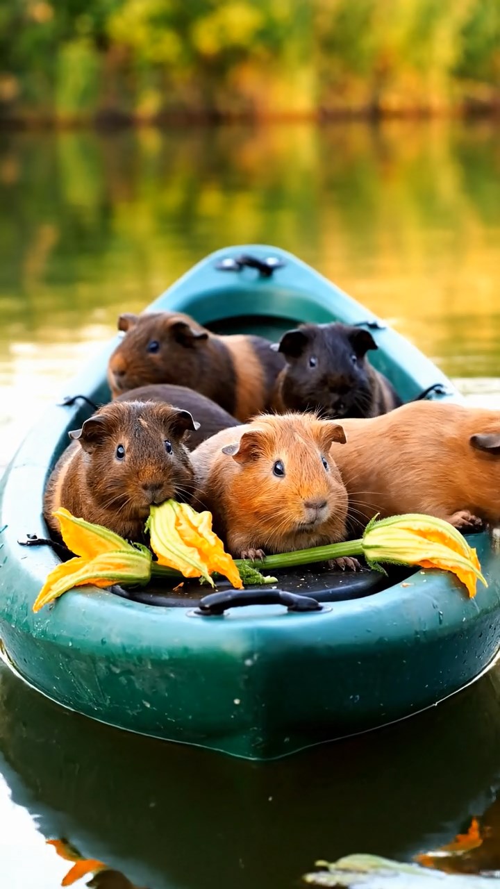 860. Realistic scene of 5 smooth-haired Californian guinea pigs with Cream, Fawn, Sable, Gray, and Cinnamon fur, sleeping in a cozy pile in a lush meadow with wildflowers and a gentle breeze, under golden sunlight, capturing a lifelike, tranquil group moment.