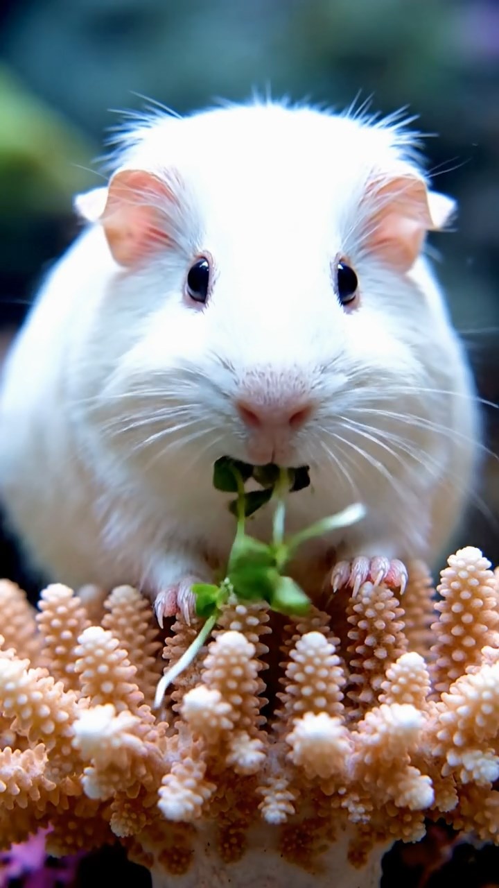 861. Detailed photo of 1 smooth-haired American guinea pig with White fur, munching on fresh apples, in a vibrant lavender garden with rows of purple blooms swaying in the breeze, under soft sunlight, creating a realistic, fragrant pastoral scene.