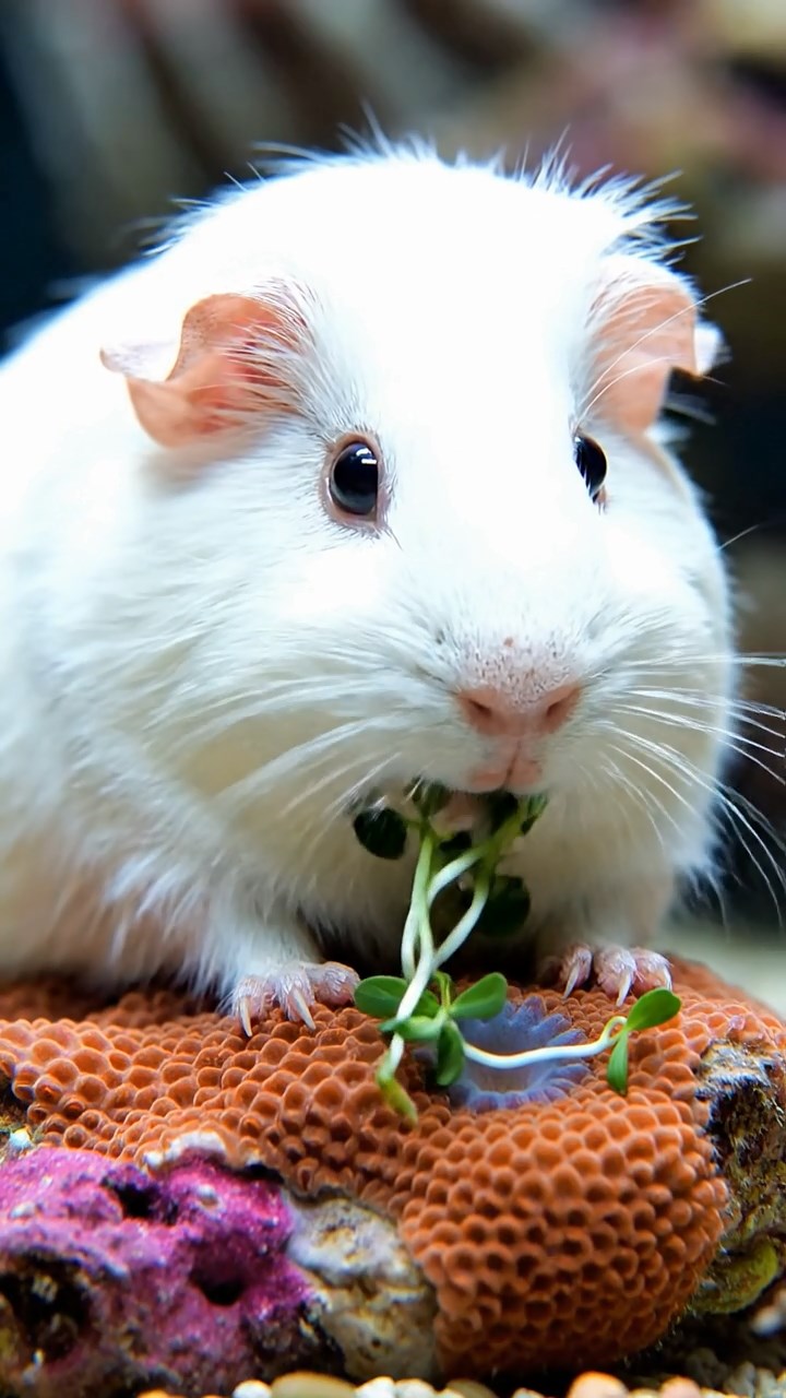 861. Detailed photo of 1 smooth-haired American guinea pig with White fur, munching on fresh apples, in a vibrant lavender garden with rows of purple blooms swaying in the breeze, under soft sunlight, creating a realistic, fragrant pastoral scene.
