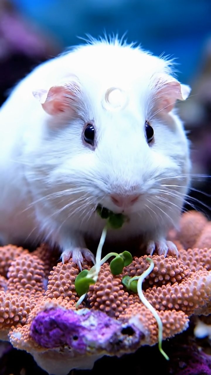 861. Detailed photo of 1 smooth-haired American guinea pig with White fur, munching on fresh apples, in a vibrant lavender garden with rows of purple blooms swaying in the breeze, under soft sunlight, creating a realistic, fragrant pastoral scene.