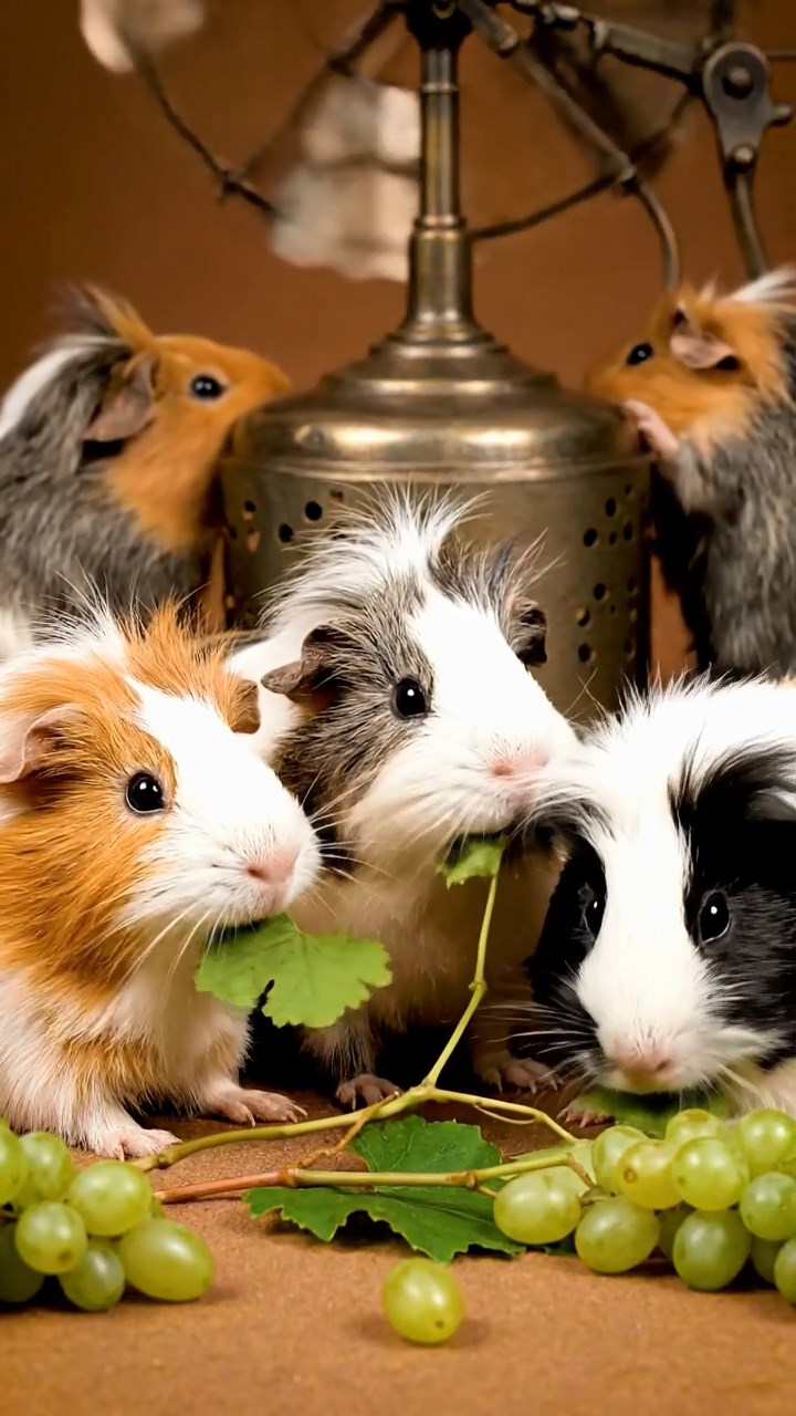 862. Photorealistic scene of 2 smooth-haired Teddy guinea pigs with Orange and Black fur, dressed as engineers in tiny helmets, building a miniature windmill in a guinea pig workshop with hay beams and tools, under bright daylight, enhancing the lifelike, industrious atmosphere.