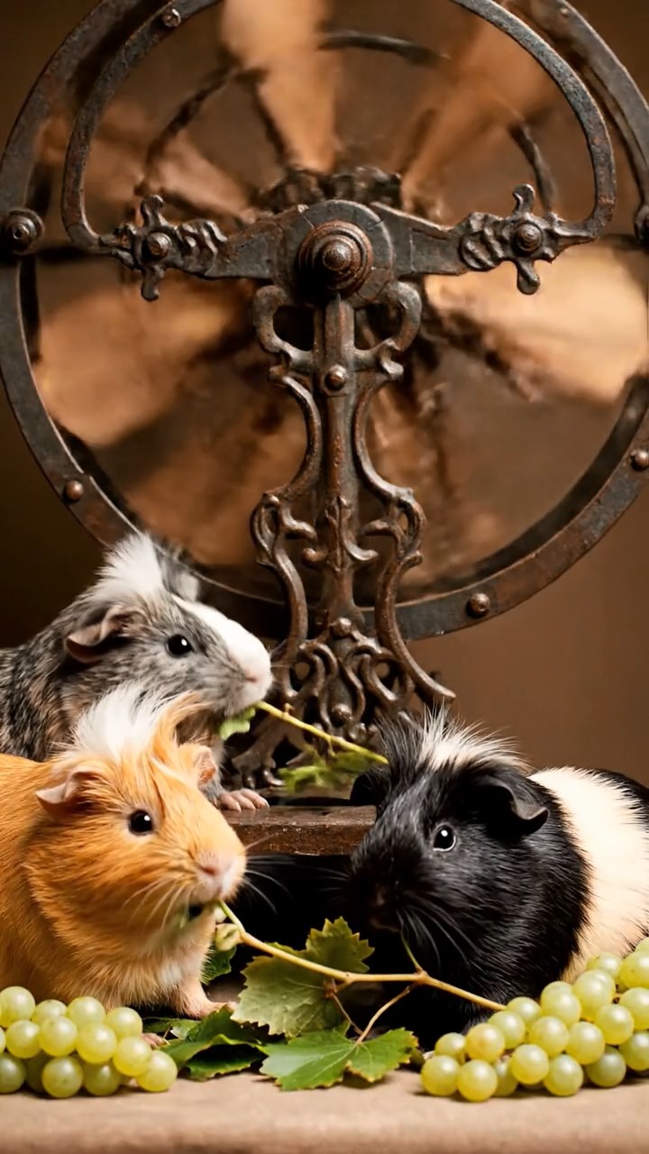 862. Photorealistic scene of 2 smooth-haired Teddy guinea pigs with Orange and Black fur, dressed as engineers in tiny helmets, building a miniature windmill in a guinea pig workshop with hay beams and tools, under bright daylight, enhancing the lifelike, industrious atmosphere.