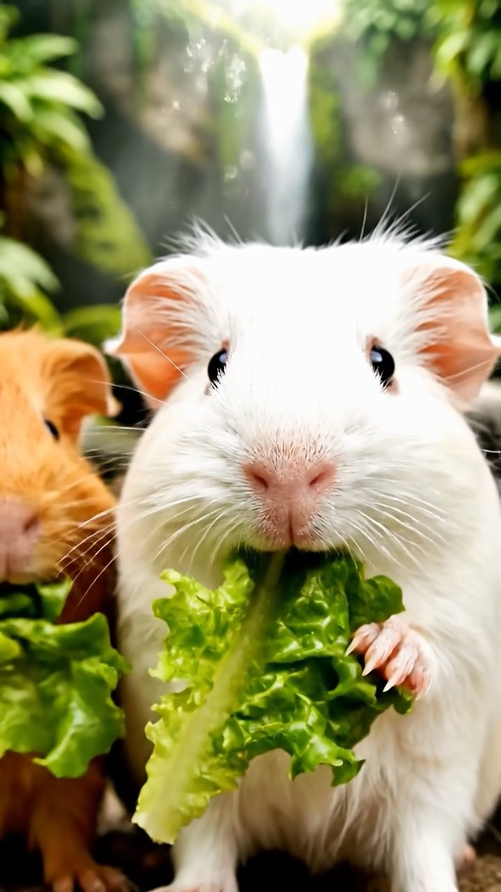 864. Realistic scene of 4 smooth-haired Californian guinea pigs with Fawn, Chocolate, Cinnamon, and Sable fur, dressed as firefighters in tiny uniforms, training with miniature hoses in a guinea pig village with hay houses, under glowing streetlights, capturing a heroic, lifelike moment.