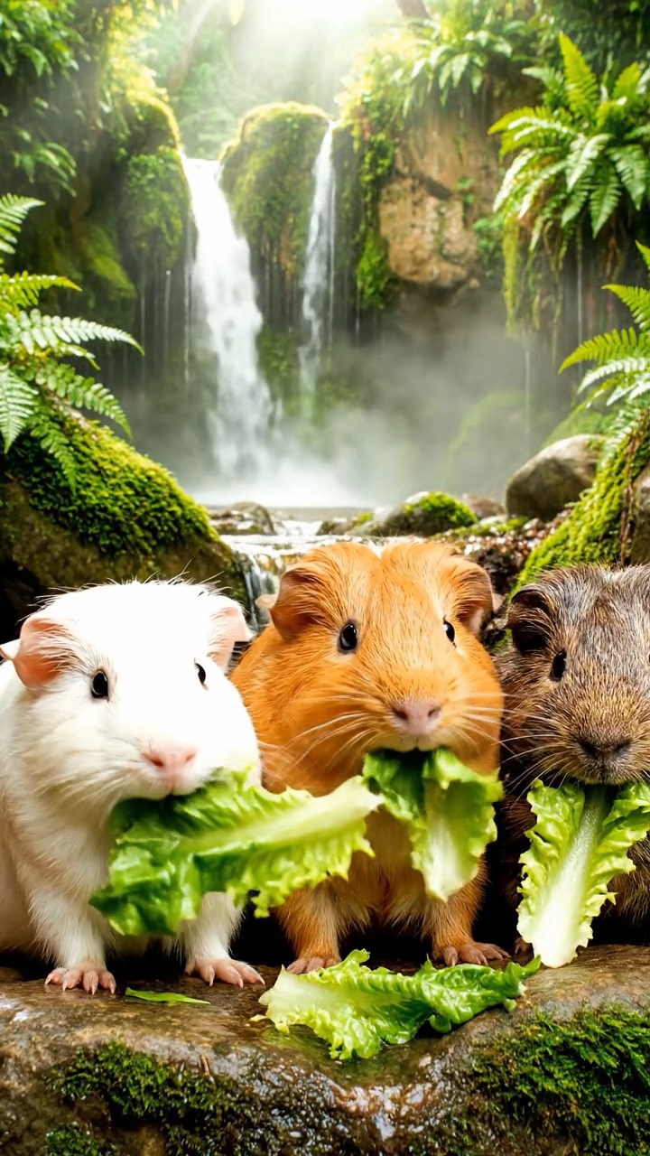 864. Realistic scene of 4 smooth-haired Californian guinea pigs with Fawn, Chocolate, Cinnamon, and Sable fur, dressed as firefighters in tiny uniforms, training with miniature hoses in a guinea pig village with hay houses, under glowing streetlights, capturing a heroic, lifelike moment.