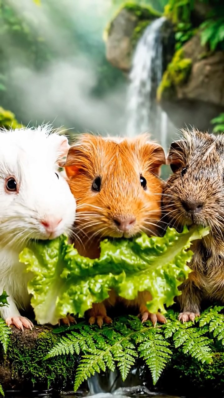 864. Realistic scene of 4 smooth-haired Californian guinea pigs with Fawn, Chocolate, Cinnamon, and Sable fur, dressed as firefighters in tiny uniforms, training with miniature hoses in a guinea pig village with hay houses, under glowing streetlights, capturing a heroic, lifelike moment.