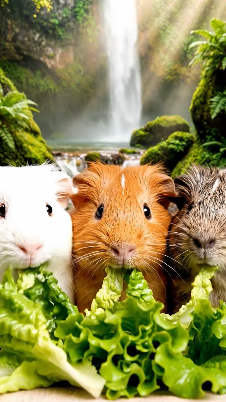 864. Realistic scene of 4 smooth-haired Californian guinea pigs with Fawn, Chocolate, Cinnamon, and Sable fur, dressed as firefighters in tiny uniforms, training with miniature hoses in a guinea pig village with hay houses, under glowing streetlights, capturing a heroic, lifelike moment.