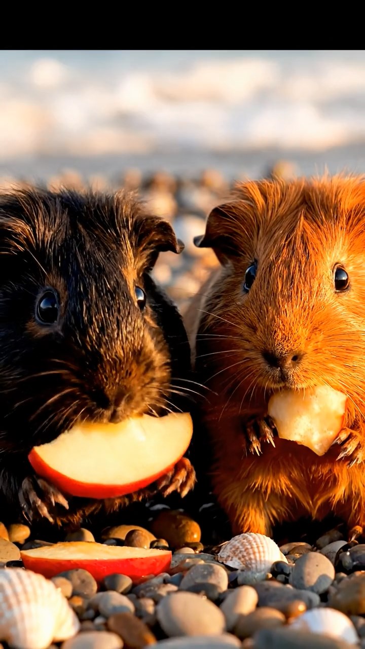 865. Detailed photo of 5 smooth-haired American guinea pigs with White, Orange, Gray, Black, and Brown fur, foraging for clover in a lush meadow with wildflowers and a trickling stream, under soft morning light, creating a realistic, serene pastoral scene.