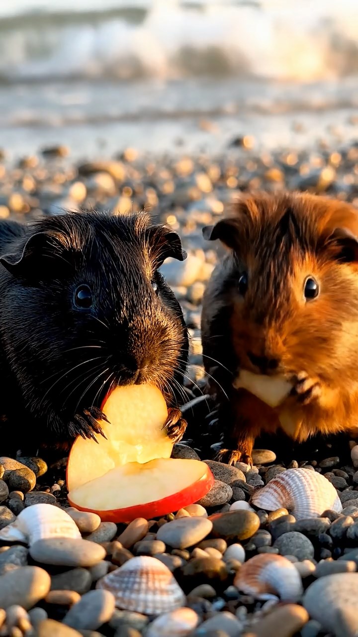 865. Detailed photo of 5 smooth-haired American guinea pigs with White, Orange, Gray, Black, and Brown fur, foraging for clover in a lush meadow with wildflowers and a trickling stream, under soft morning light, creating a realistic, serene pastoral scene.