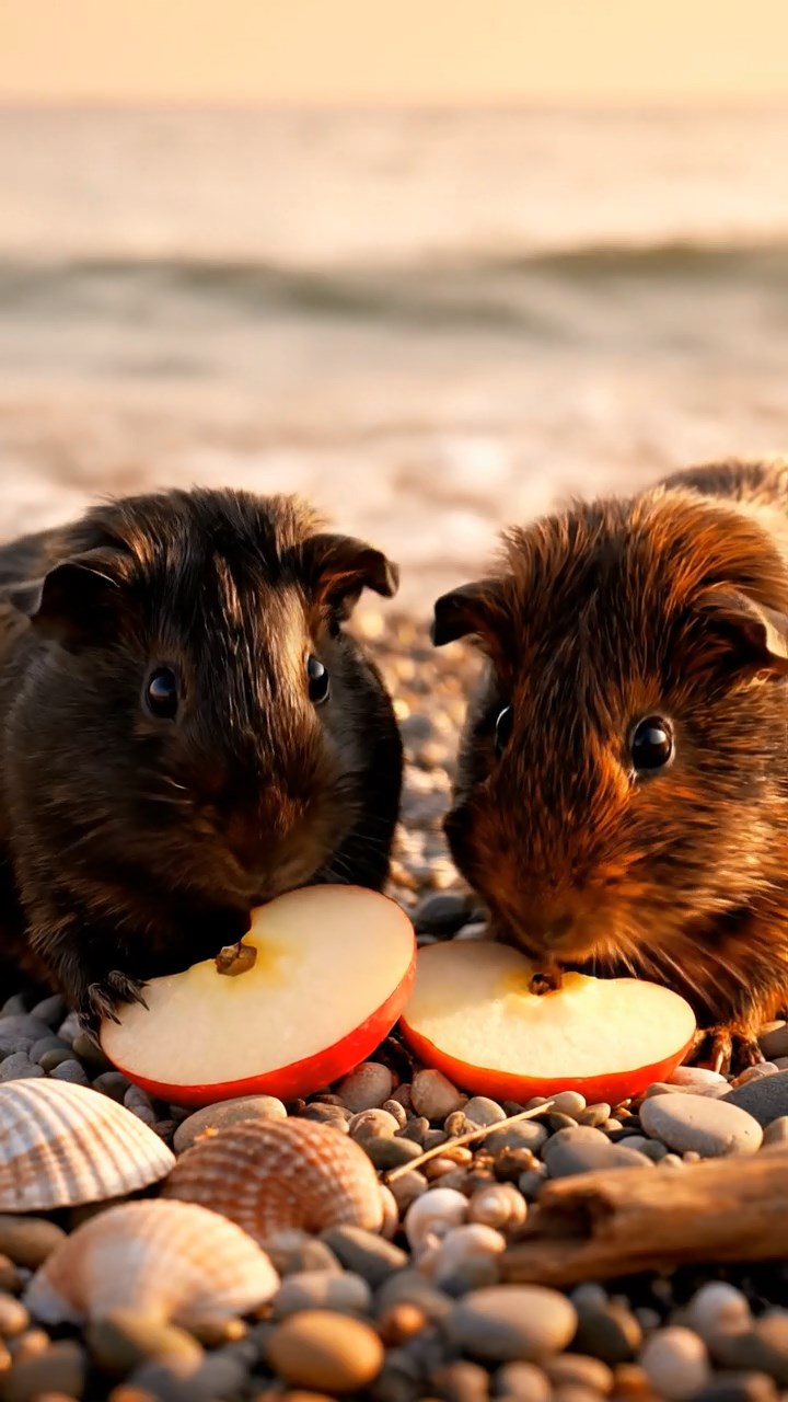 865. Detailed photo of 5 smooth-haired American guinea pigs with White, Orange, Gray, Black, and Brown fur, foraging for clover in a lush meadow with wildflowers and a trickling stream, under soft morning light, creating a realistic, serene pastoral scene.