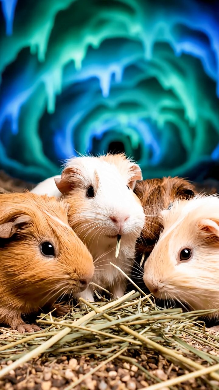 865. Detailed photo of 5 smooth-haired American guinea pigs with White, Orange, Gray, Black, and Brown fur, foraging for clover in a lush meadow with wildflowers and a trickling stream, under soft morning light, creating a realistic, serene pastoral scene.