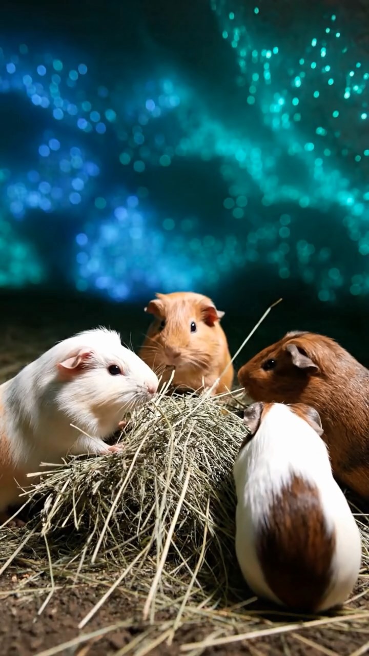 866. Photorealistic scene of 1 smooth-haired Teddy guinea pig with Cream fur, drinking from a clear stream, on a forested slope with pine needles and moss, under dappled sunlight, capturing a serene, lifelike moment of natural hydration.