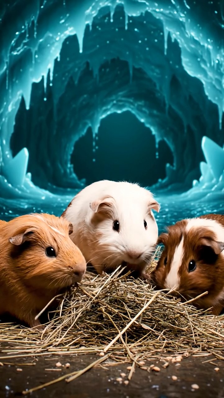 866. Photorealistic scene of 1 smooth-haired Teddy guinea pig with Cream fur, drinking from a clear stream, on a forested slope with pine needles and moss, under dappled sunlight, capturing a serene, lifelike moment of natural hydration.