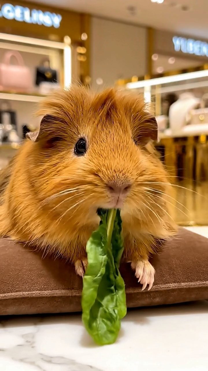 866. Photorealistic scene of 1 smooth-haired Teddy guinea pig with Cream fur, drinking from a clear stream, on a forested slope with pine needles and moss, under dappled sunlight, capturing a serene, lifelike moment of natural hydration.