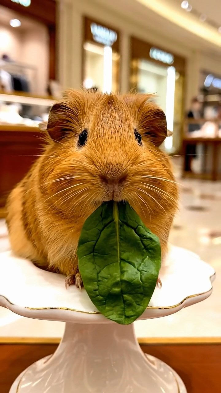 867. Highly detailed view of 2 smooth-haired Himalayan guinea pigs with Fawn and Sable fur, dressed as musicians in tiny vests, playing miniature drums in a guinea pig concert hall with hay seats and velvet curtains, under warm spotlights, creating a realistic, elegant scene.