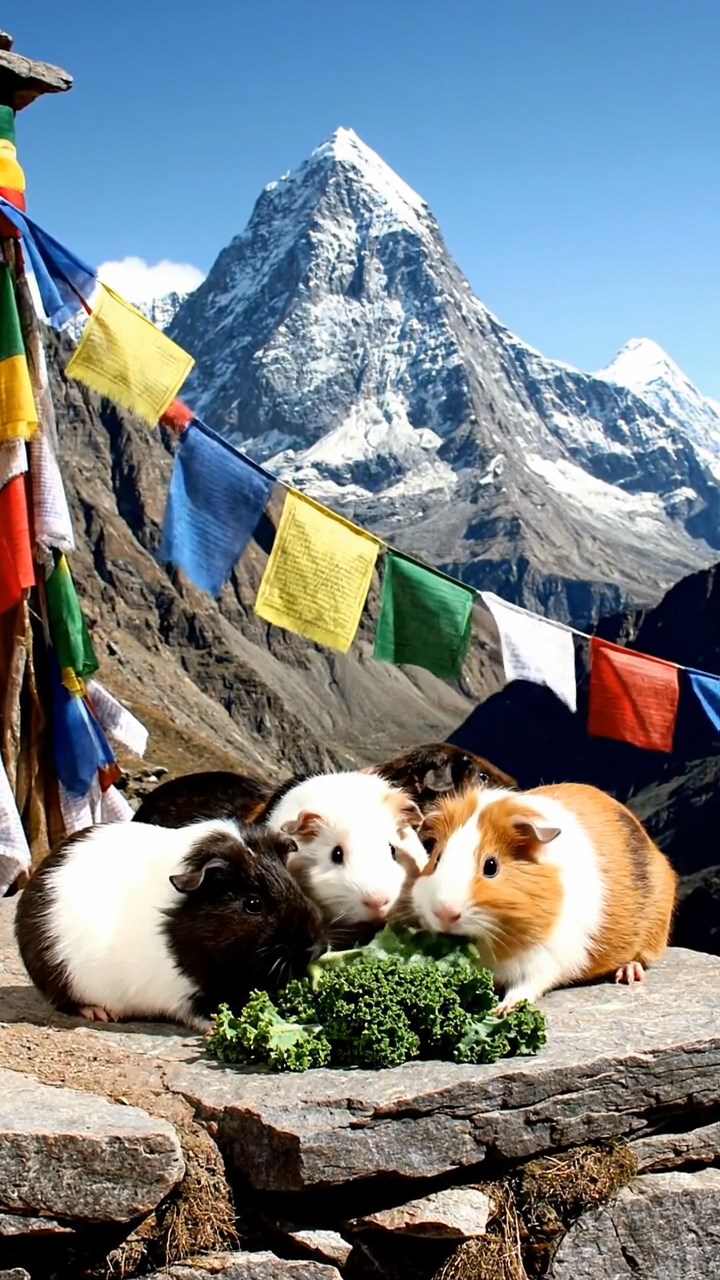 867. Highly detailed view of 2 smooth-haired Himalayan guinea pigs with Fawn and Sable fur, dressed as musicians in tiny vests, playing miniature drums in a guinea pig concert hall with hay seats and velvet curtains, under warm spotlights, creating a realistic, elegant scene.