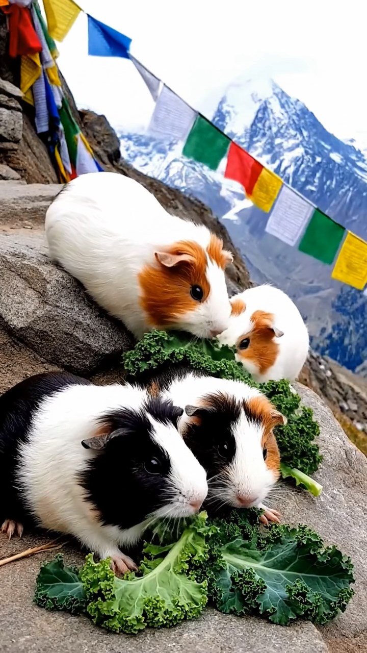 868. Realistic scene of 3 smooth-haired Californian guinea pigs with Chocolate, Cinnamon, and Gray fur, grooming each other in a lush meadow with scattered wildflowers and a babbling brook, under golden sunlight, enhancing the authentic, social atmosphere.