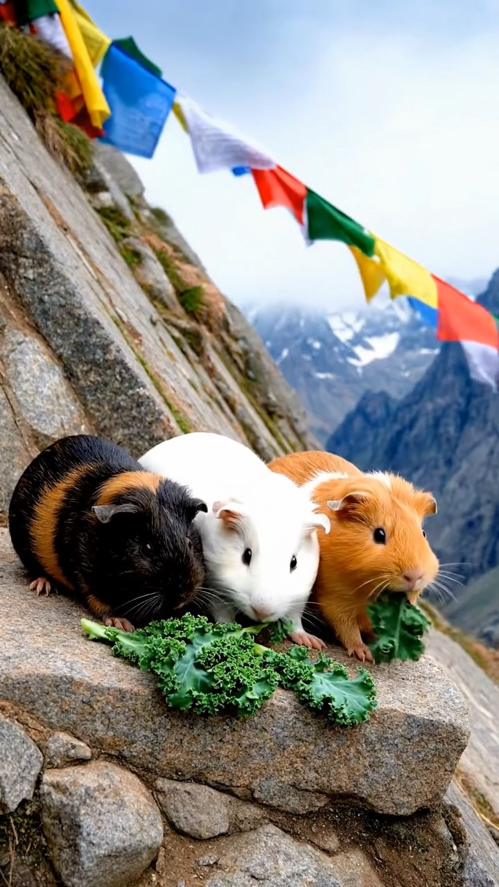 868. Realistic scene of 3 smooth-haired Californian guinea pigs with Chocolate, Cinnamon, and Gray fur, grooming each other in a lush meadow with scattered wildflowers and a babbling brook, under golden sunlight, enhancing the authentic, social atmosphere.
