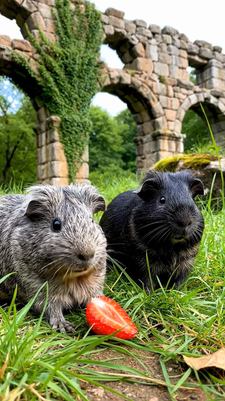 868. Realistic scene of 3 smooth-haired Californian guinea pigs with Chocolate, Cinnamon, and Gray fur, grooming each other in a lush meadow with scattered wildflowers and a babbling brook, under golden sunlight, enhancing the authentic, social atmosphere.
