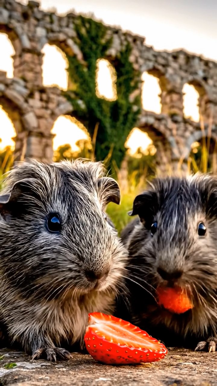 868. Realistic scene of 3 smooth-haired Californian guinea pigs with Chocolate, Cinnamon, and Gray fur, grooming each other in a lush meadow with scattered wildflowers and a babbling brook, under golden sunlight, enhancing the authentic, social atmosphere.