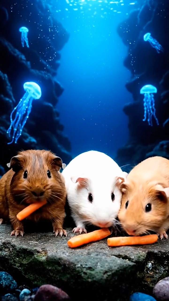 871. Highly detailed view of 1 smooth-haired Himalayan guinea pig with White fur, munching on bell peppers, in a vibrant vegetable garden with rows of tomatoes and lettuce, under bright sunlight, creating a realistic, colorful rural scene.