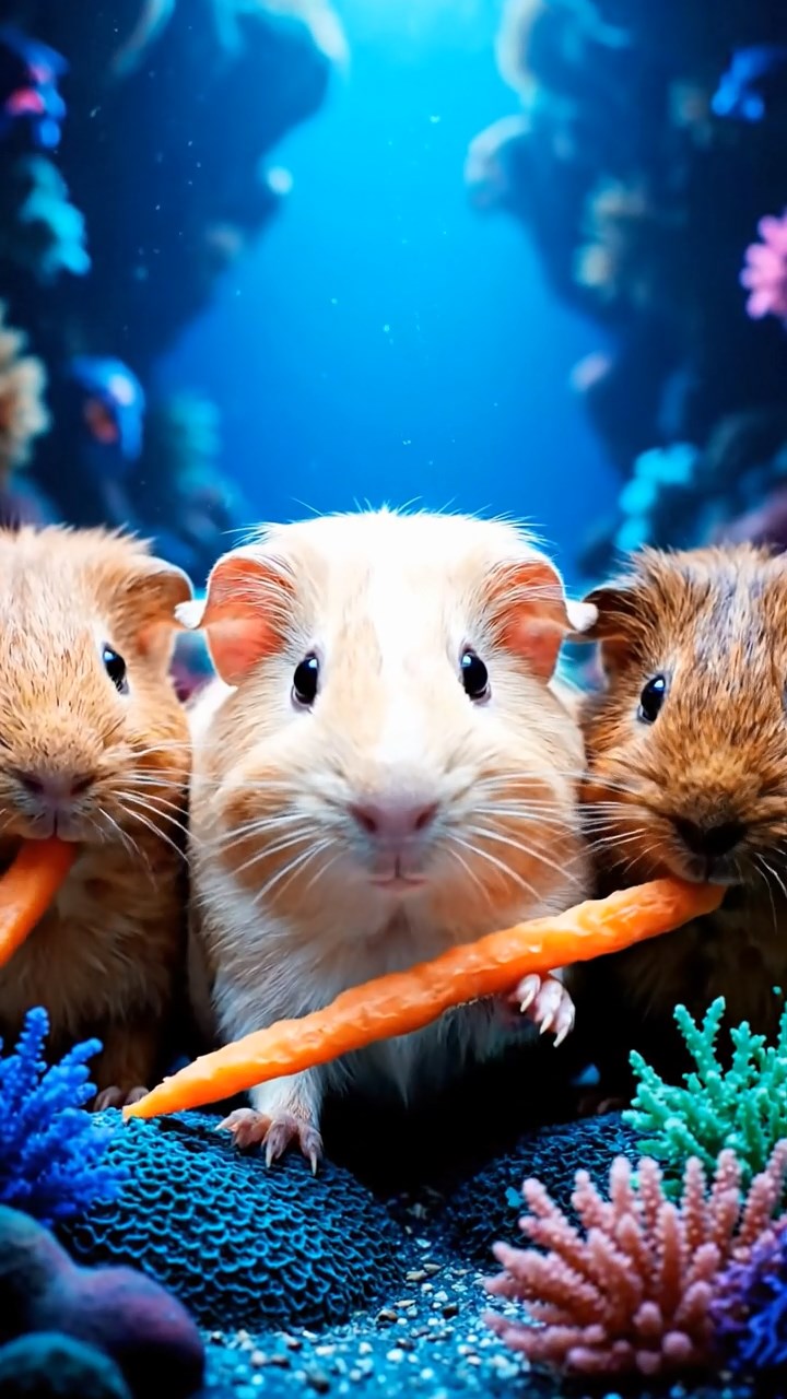 871. Highly detailed view of 1 smooth-haired Himalayan guinea pig with White fur, munching on bell peppers, in a vibrant vegetable garden with rows of tomatoes and lettuce, under bright sunlight, creating a realistic, colorful rural scene.