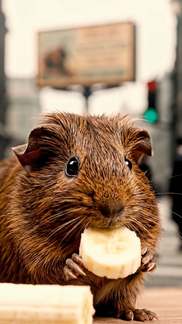 871. Highly detailed view of 1 smooth-haired Himalayan guinea pig with White fur, munching on bell peppers, in a vibrant vegetable garden with rows of tomatoes and lettuce, under bright sunlight, creating a realistic, colorful rural scene.