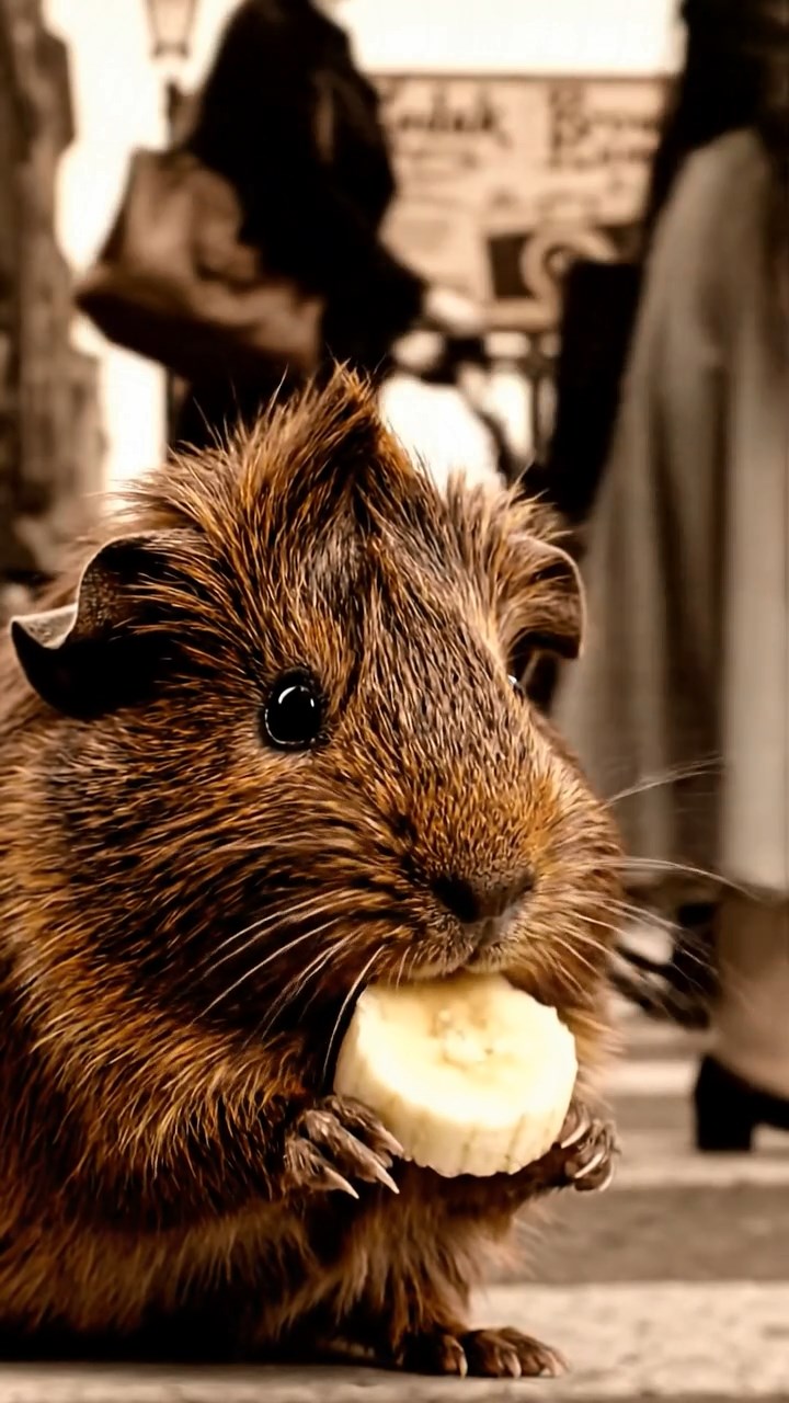 871. Highly detailed view of 1 smooth-haired Himalayan guinea pig with White fur, munching on bell peppers, in a vibrant vegetable garden with rows of tomatoes and lettuce, under bright sunlight, creating a realistic, colorful rural scene.
