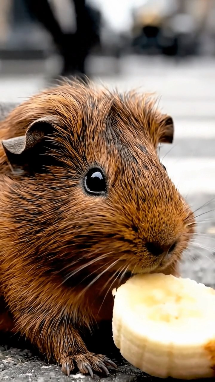 871. Highly detailed view of 1 smooth-haired Himalayan guinea pig with White fur, munching on bell peppers, in a vibrant vegetable garden with rows of tomatoes and lettuce, under bright sunlight, creating a realistic, colorful rural scene.