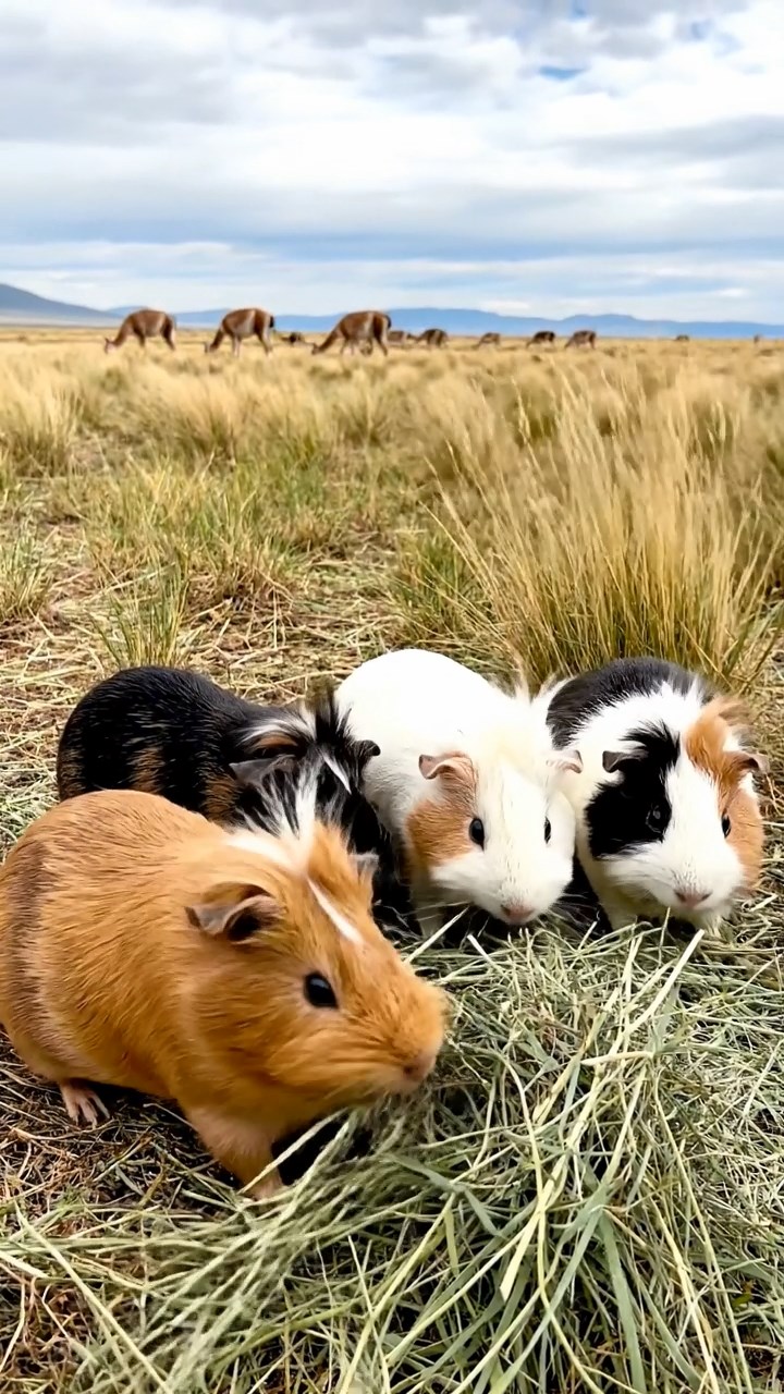 872. Realistic scene of 2 smooth-haired Californian guinea pigs with Orange and Black fur, dressed as tailors in tiny vests, sewing miniature shirts in a guinea pig atelier with colorful fabrics and hay mannequins, under warm lamplight, enhancing the lifelike, creative atmosphere.