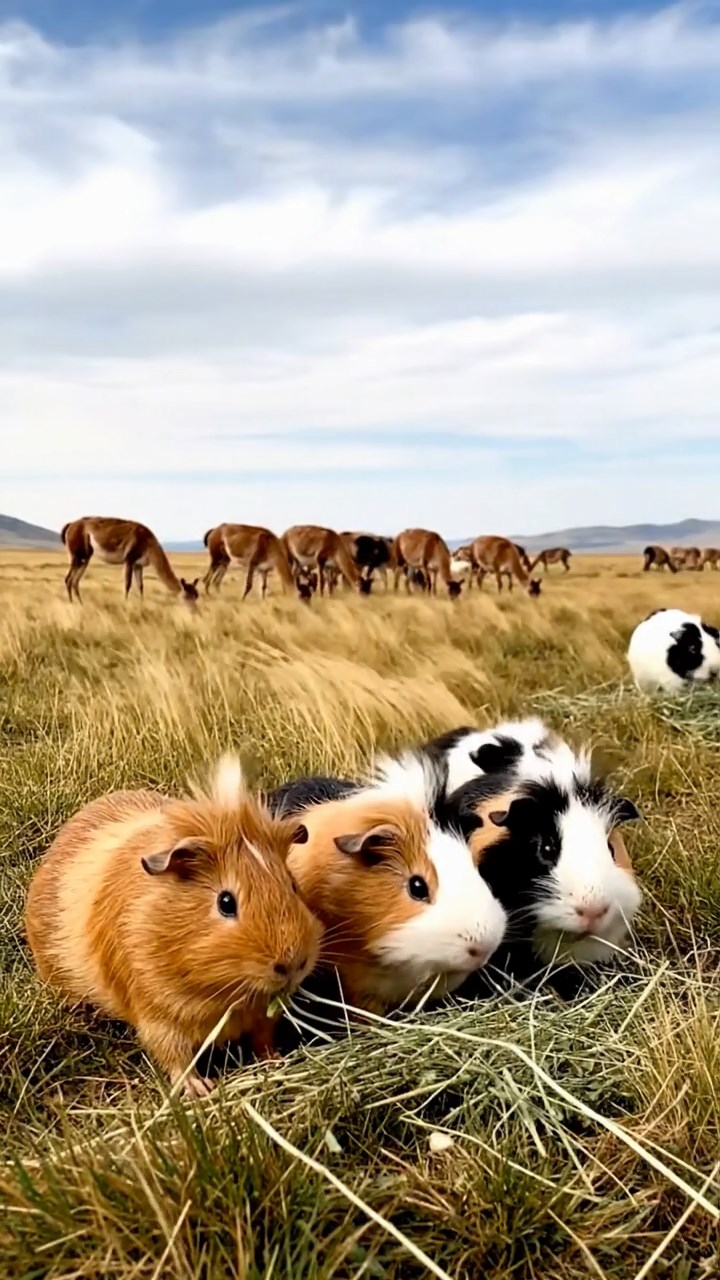 872. Realistic scene of 2 smooth-haired Californian guinea pigs with Orange and Black fur, dressed as tailors in tiny vests, sewing miniature shirts in a guinea pig atelier with colorful fabrics and hay mannequins, under warm lamplight, enhancing the lifelike, creative atmosphere.