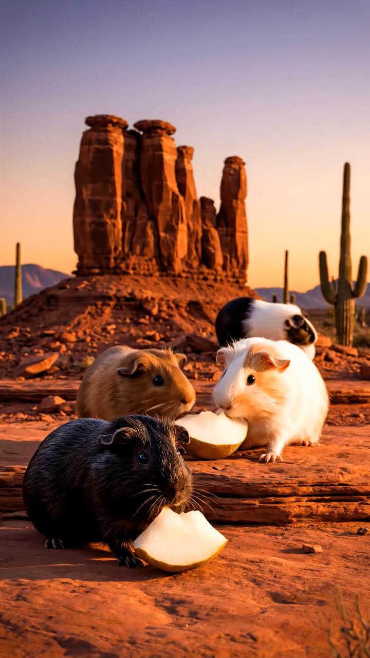 874. Photorealistic scene of 4 smooth-haired Teddy guinea pigs with Fawn, Chocolate, Cinnamon, and Sable fur, dressed as librarians in tiny glasses, cataloging miniature books in a guinea pig library with hay shelves and soft lamplight, capturing a realistic, cozy moment.