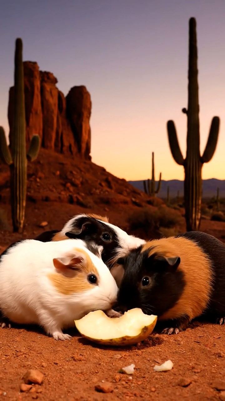 874. Photorealistic scene of 4 smooth-haired Teddy guinea pigs with Fawn, Chocolate, Cinnamon, and Sable fur, dressed as librarians in tiny glasses, cataloging miniature books in a guinea pig library with hay shelves and soft lamplight, capturing a realistic, cozy moment.