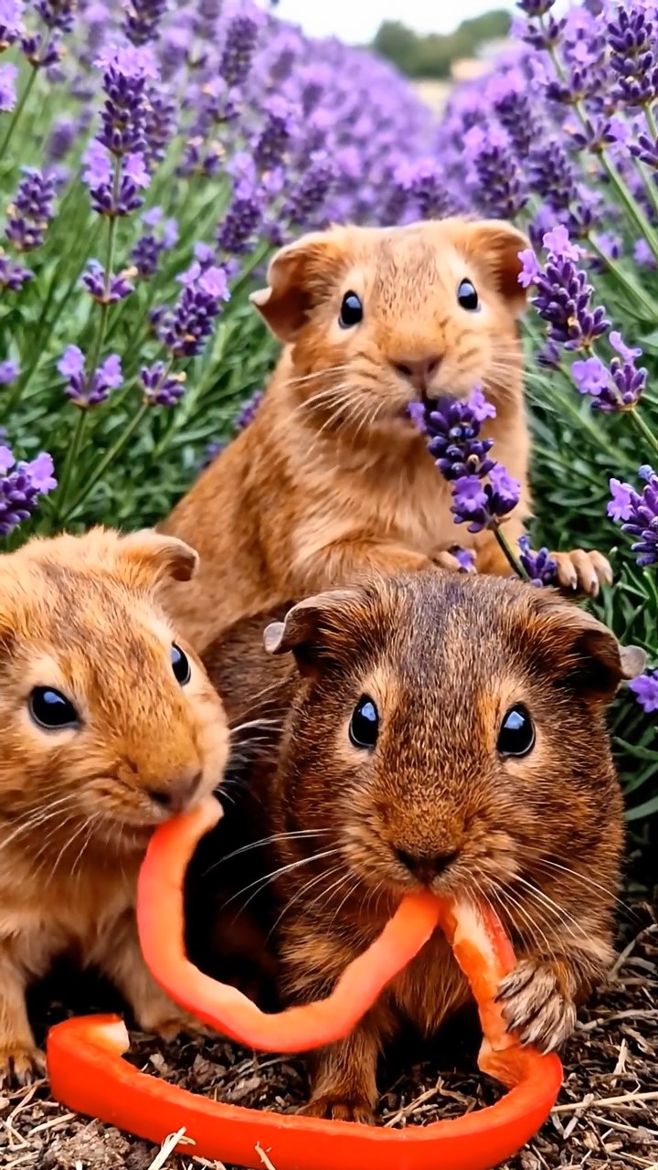 875. Highly detailed view of 5 smooth-haired Himalayan guinea pigs with White, Orange, Gray, Black, and Brown fur, foraging for wild herbs in a lush meadow with wildflowers and a babbling brook, under soft morning light, creating a realistic, serene pastoral scene.