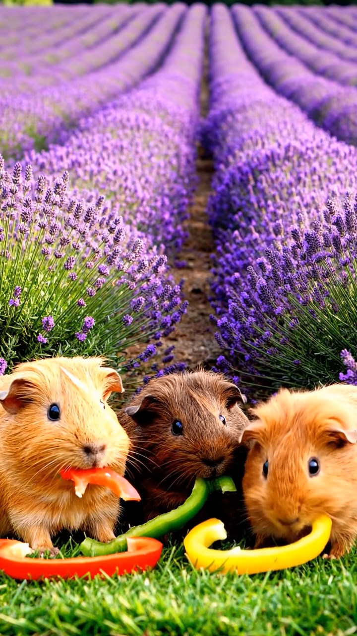 875. Highly detailed view of 5 smooth-haired Himalayan guinea pigs with White, Orange, Gray, Black, and Brown fur, foraging for wild herbs in a lush meadow with wildflowers and a babbling brook, under soft morning light, creating a realistic, serene pastoral scene.
