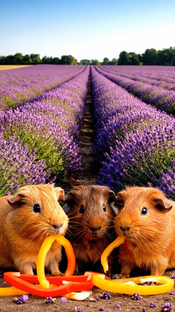 875. Highly detailed view of 5 smooth-haired Himalayan guinea pigs with White, Orange, Gray, Black, and Brown fur, foraging for wild herbs in a lush meadow with wildflowers and a babbling brook, under soft morning light, creating a realistic, serene pastoral scene.